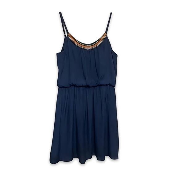 IZ Byer Mini Dress Adjustable Spaghetti Straps Lightweight Boho Beaded Blue W M - Picture 1 of 8